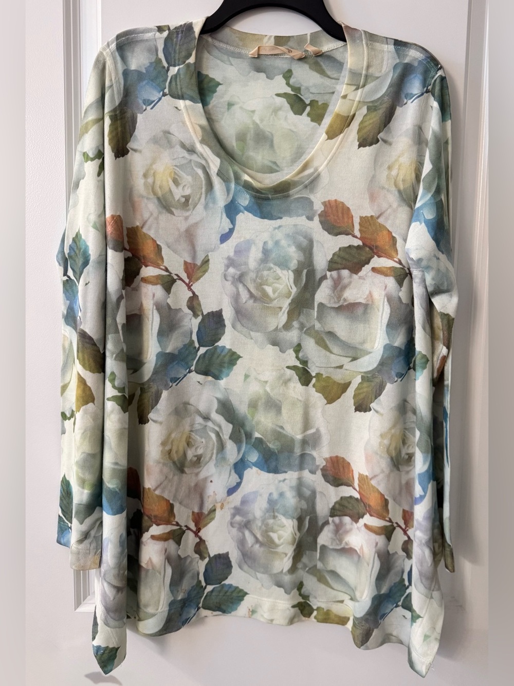 #z187 Soft Surroundings Watercolor Floral Green Tunic Sweater Crewneck Pullover
